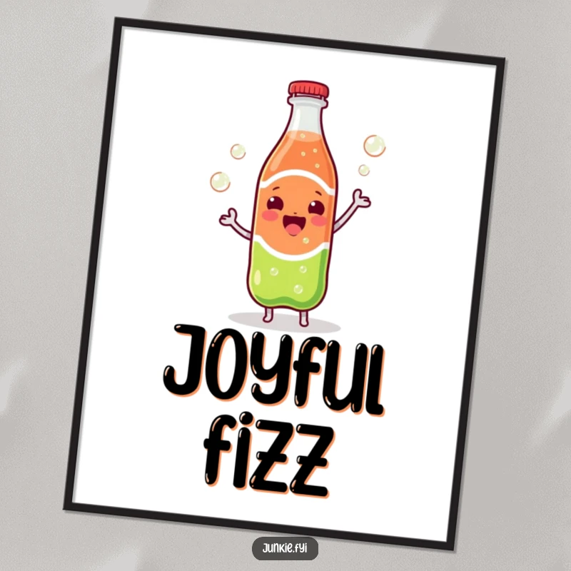 Funny Kawaii soda bottle dancing with vigorously escaping bubbles, high-resolution digital art print.