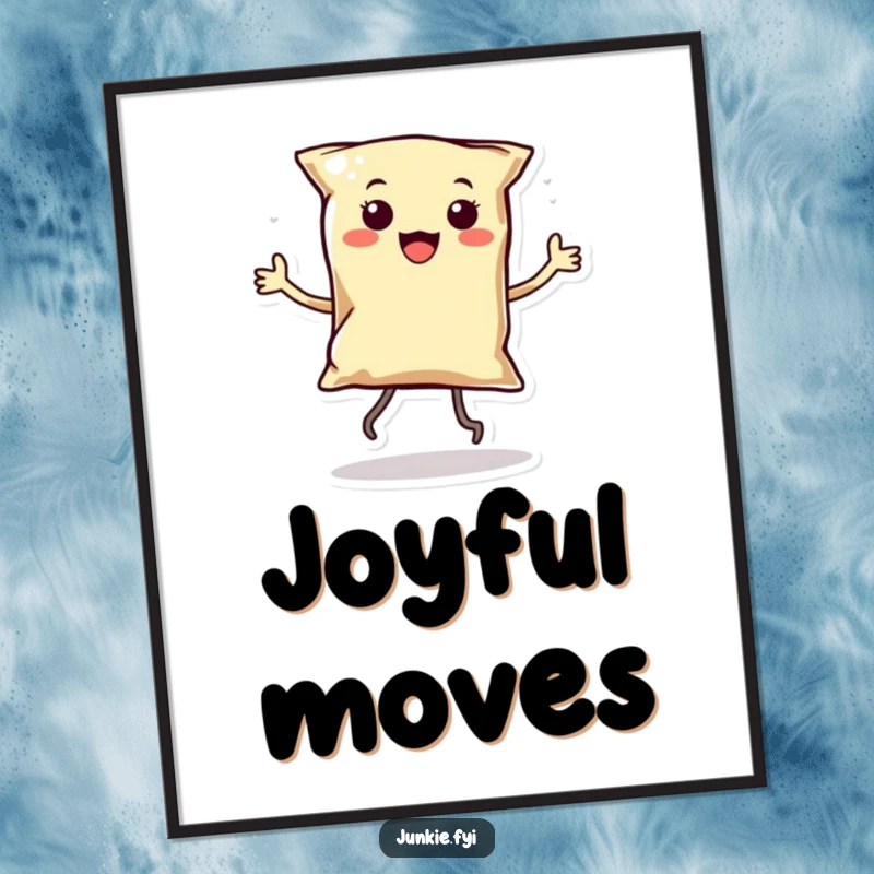 Funny Kawaii Chip Dancer Digital Art Print: A smiling anthropomorphic bag of chips with tiny legs dances with infectious energy, a funny digital artwork.