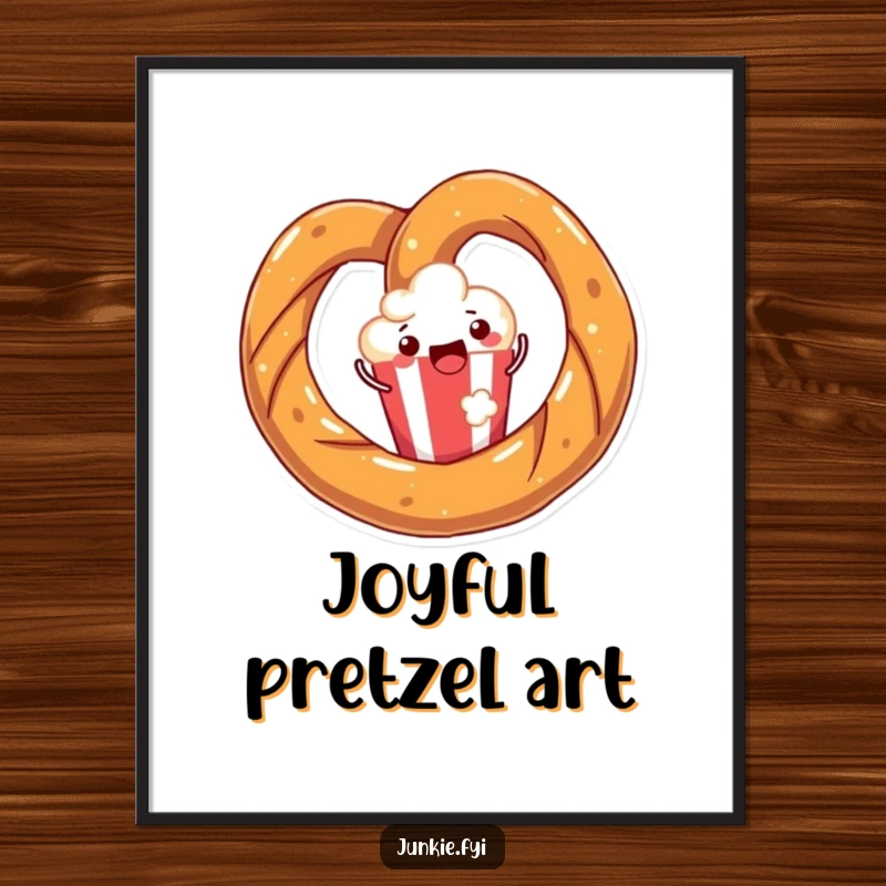 Funny digital art print of a joyful pretzel twisting with happiness around a popcorn kernel, ready for printing and framing.
