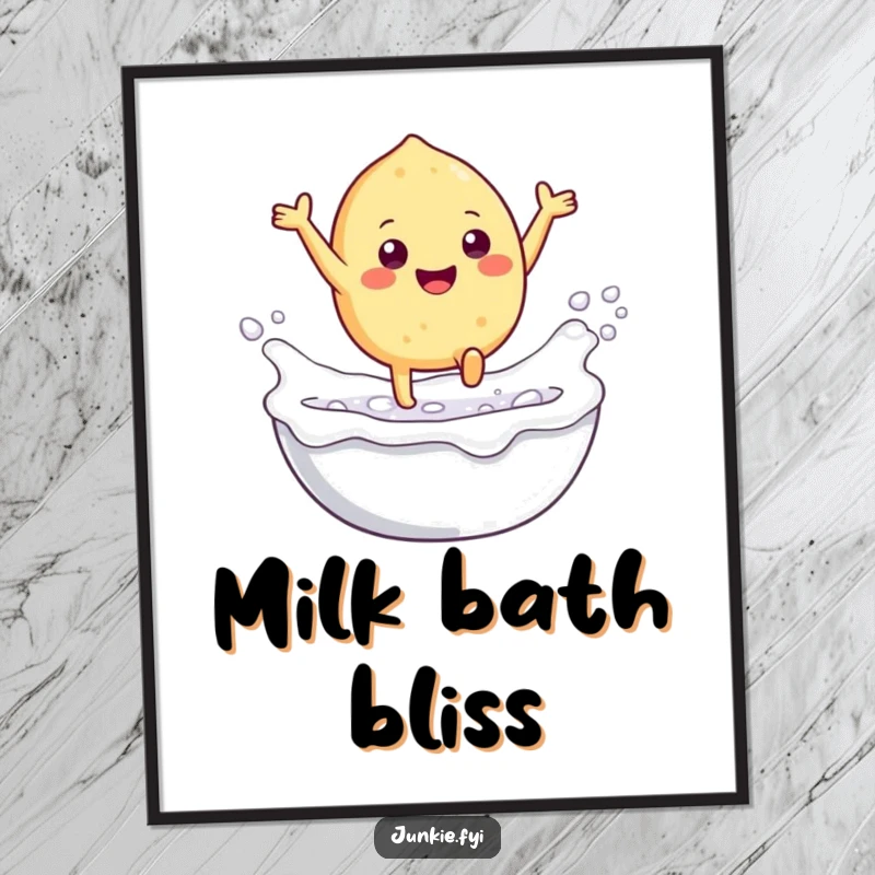 Funny digital art print of a gleeful food character with tiny legs leaping into a bubbly milk bath, bringing whimsical humor to your walls.