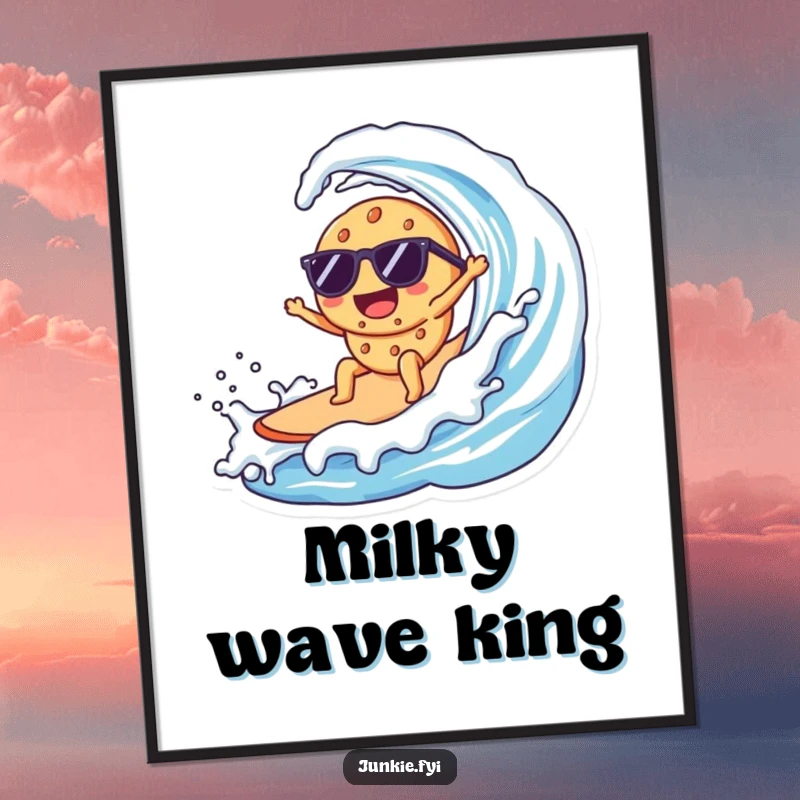 Funny Kawaii cookie with sunglasses, joyfully surfing a giant wave of milk, high-resolution digital art.