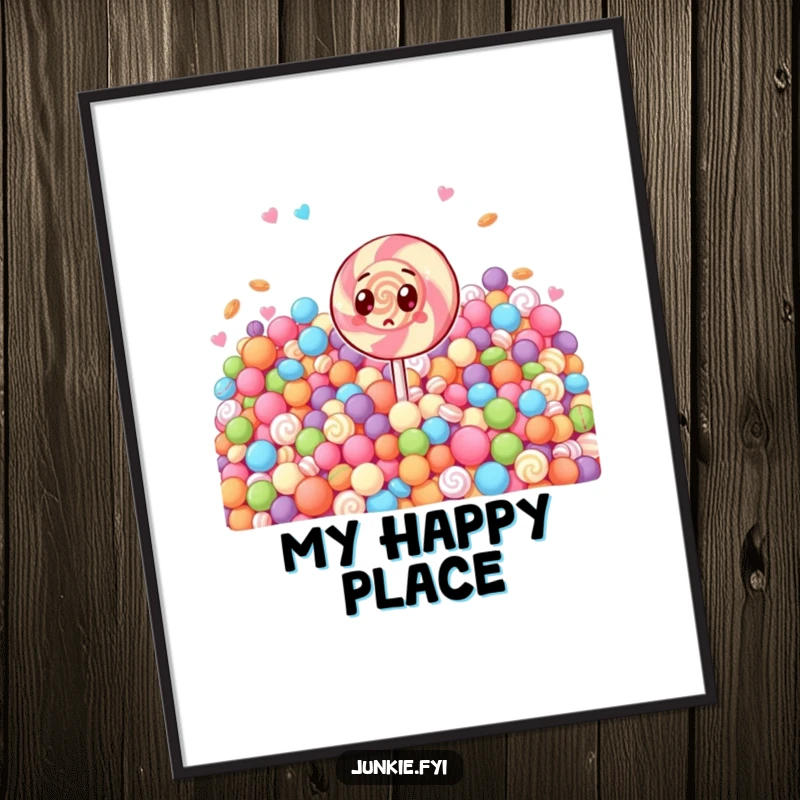 Funny digital art print: a surprised lollipop character staring with wide eyes at a massive candy pile. Instant humorous decor.