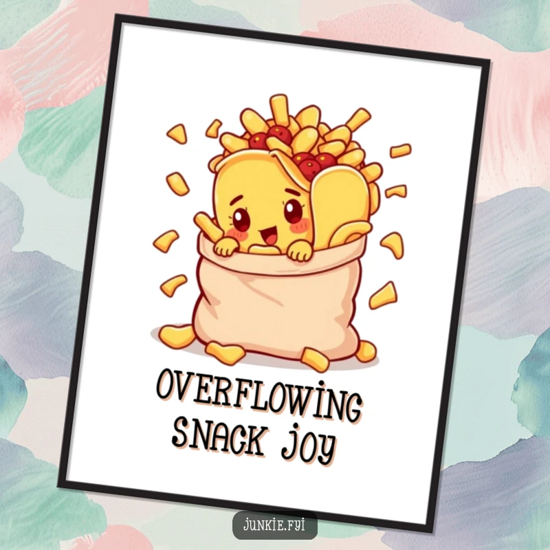 Funny digital art print of a curious taco character peeking from a chip bag, perfect for instant download and foodie decor.