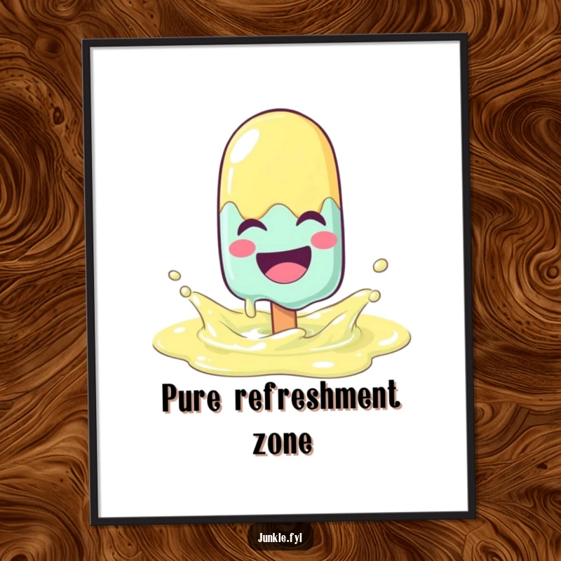 Funny laughing popsicle character melting with joy while splashing in a lemonade puddle, available as a digital art print.