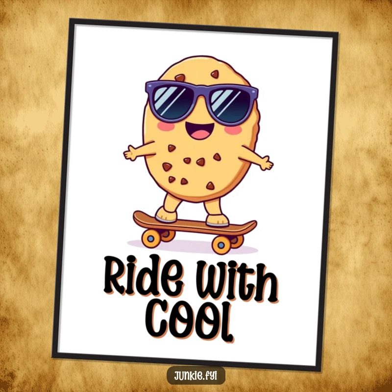Funny Kawaii Skater Cookie Digital Art Print: A cheerful anthropomorphic cookie wearing sunglasses rides a tiny skateboard with effortless cool, a funny artwork.