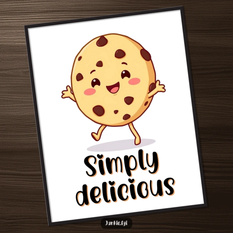 Funny cookie digital art print of a happy chocolate chip cookie character doing a playful shimmy, radiating sweet joy and cartoon charm.