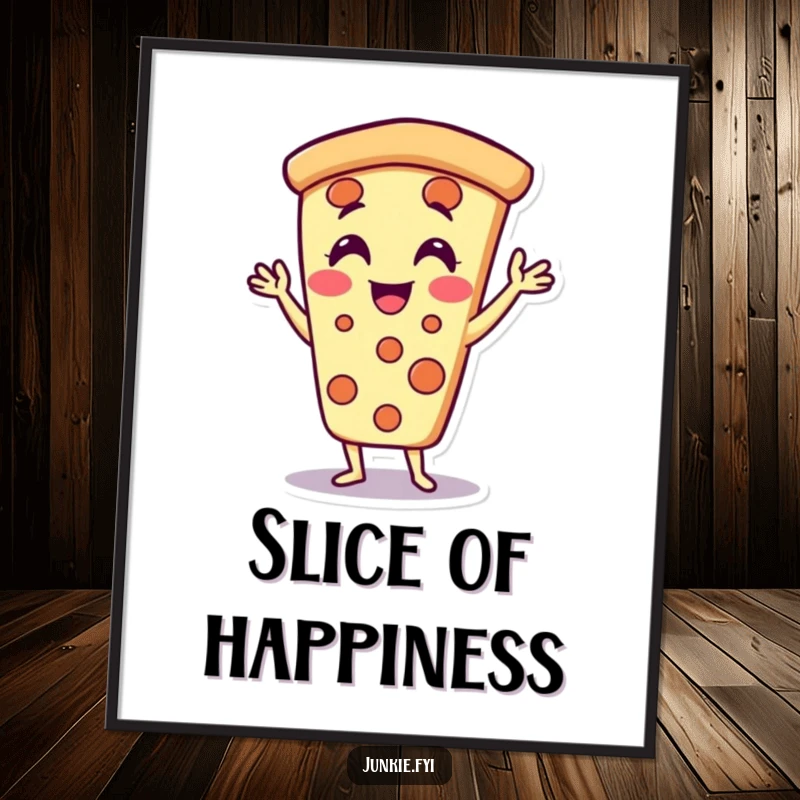 Funny pizza slice digital art print, doing jazz hands with delight, vibrant and humorous decor.