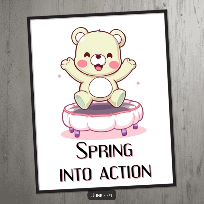 Funny digital art print: a cheerful gummy bear character bouncing energetically on a marshmallow trampoline. Instant humorous decor.