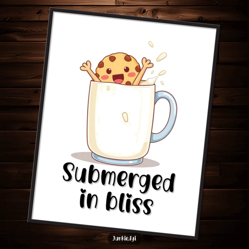 Funny cookie character joyfully leaping into a giant milk mug in a digital art print, exuding pure bliss.