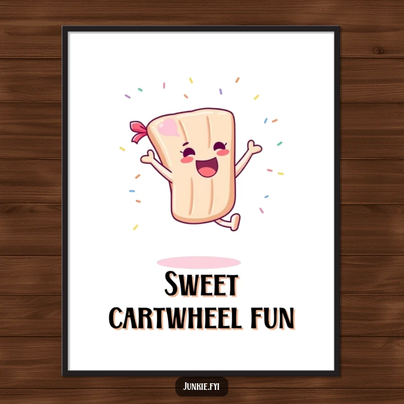 Funny Digital Art Print: A joyful candy bar character performs a cartwheel with sprinkles flying, creating a vibrant, humorous, and sweet scene.