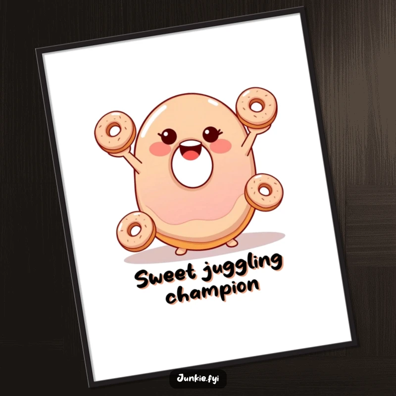 Funny digital art print of a smiling, wobbly jelly donut happily juggling three tiny donuts, full of joy.