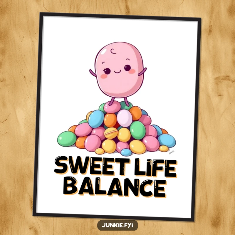 Funny Digital Art Print of a macaron character gracefully balancing on candies, exuding sweet tranquility and charm.