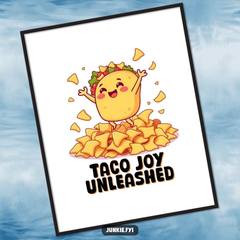 Funny digital art print of a gleeful taco doing a joyful jig amidst a pile of savory nacho chips.