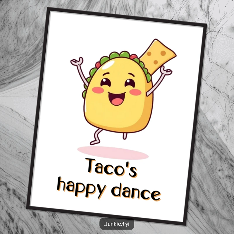 Funny Digital Art Print of a happy taco with legs performing a delighted dance with a chip, radiating infectious joy.