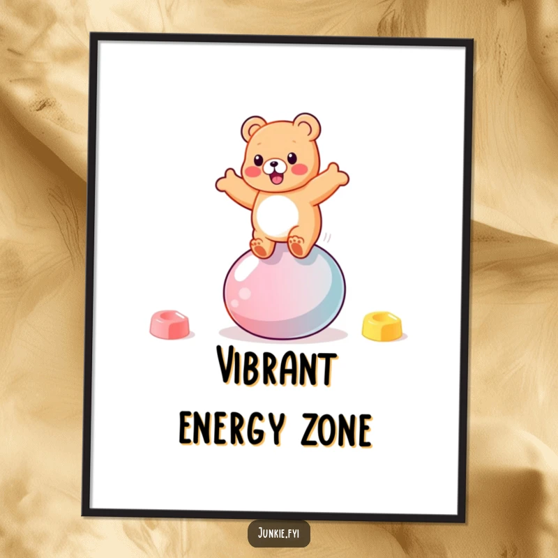Funny bouncy gummy bear character gleefully bouncing on a giant jellybean, available as a digital art print.