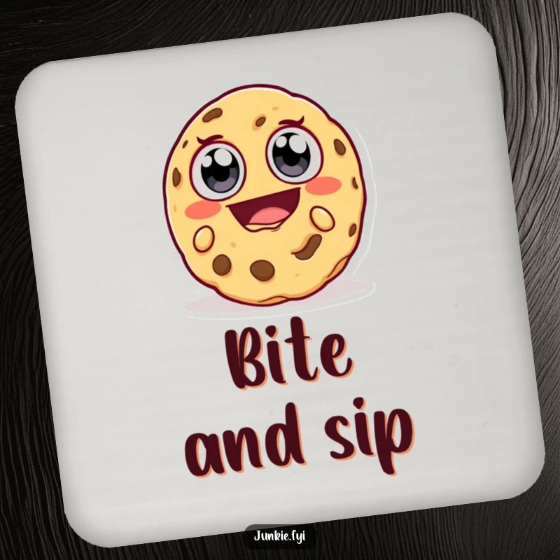 Funny Coaster: A cookie character with big eyes takes a huge, delighted bite, protecting surfaces with snack-time comic relief.