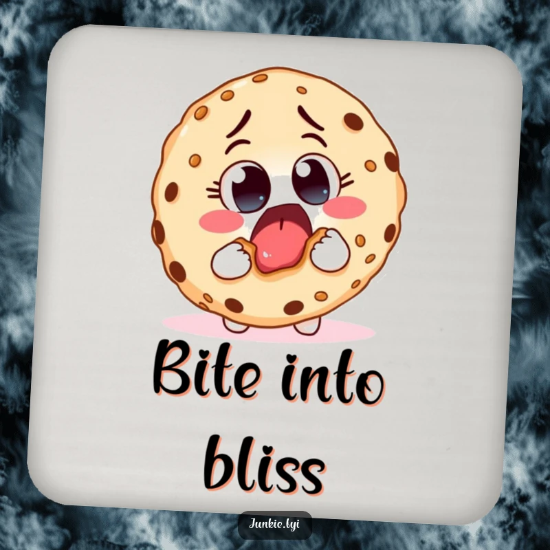 Funny drink coasters showing an excited food character taking a huge bite from a giant cookie, adding a humorous and delicious touch.