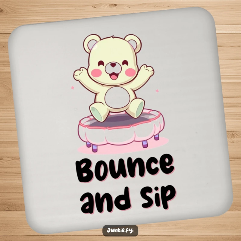 Funny drink coaster with a cheerful gummy bear character bouncing on a marshmallow trampoline. Protects surfaces with humor.