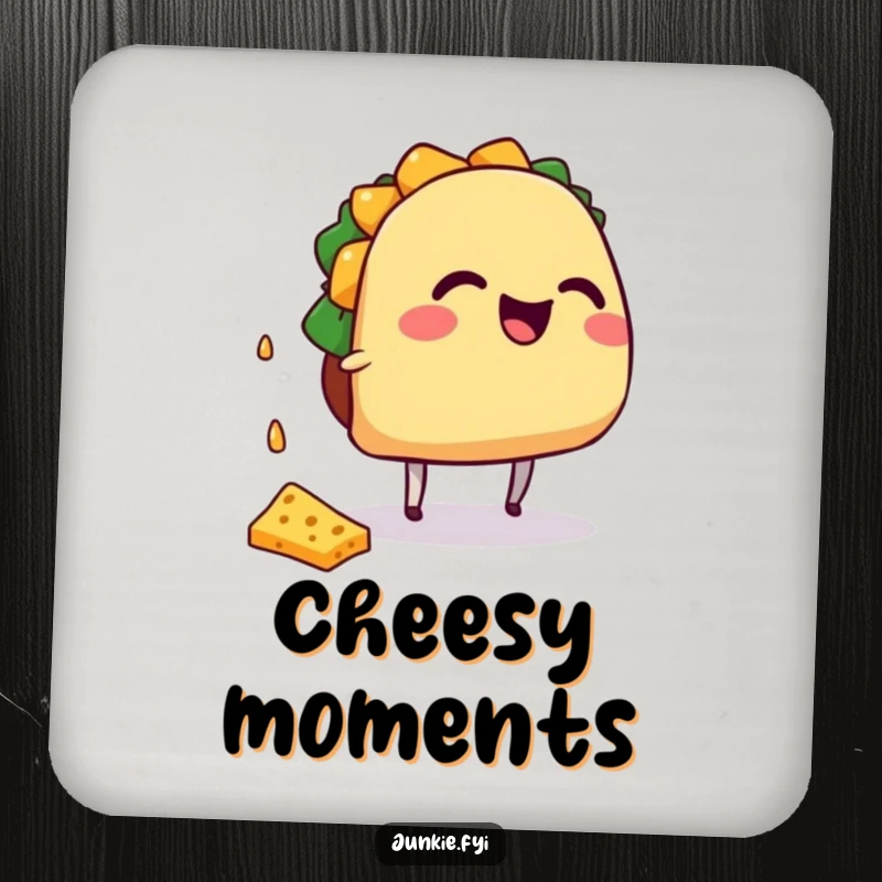 Funny giggling taco character with small legs catching falling cheese, on a drink coaster.