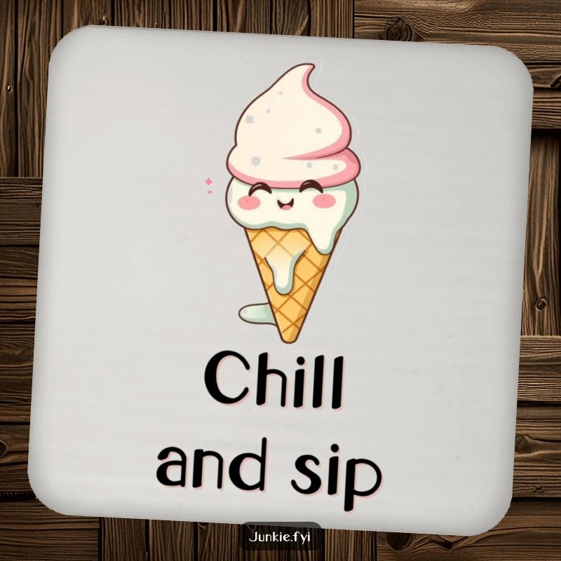 Funny ice cream cone coaster, melting with a happy sigh, a sweet and humorous accessory.