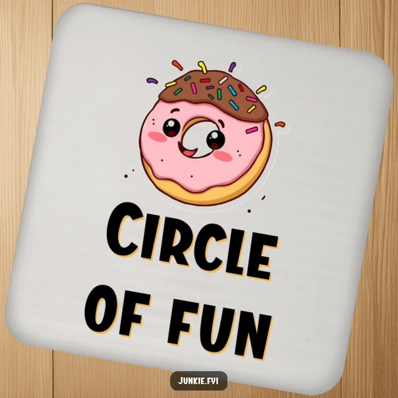 Funny donut character with sprinkle hair spinning fast on a drink coaster, adding a touch of sweet humor.