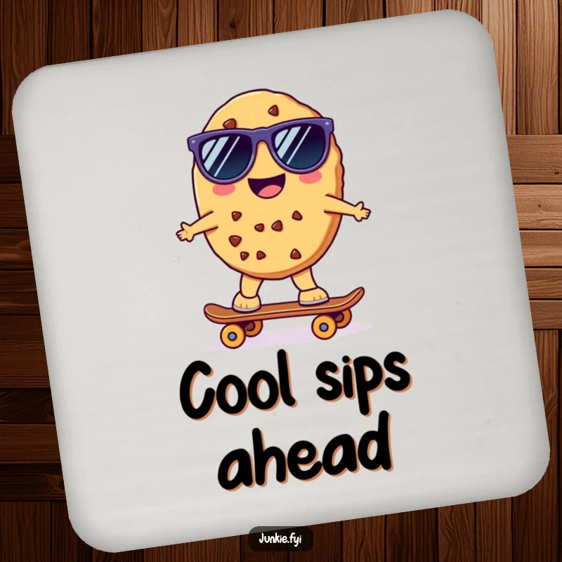 Funny Kawaii Skater Cookie Coasters: A cheerful anthropomorphic cookie wearing sunglasses rides a tiny skateboard on these protective and funny drink coasters.
