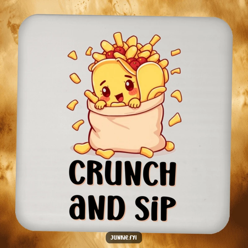 Funny drink coaster depicting a curious taco character peeking from a chip bag, protecting surfaces with snack-themed humor.