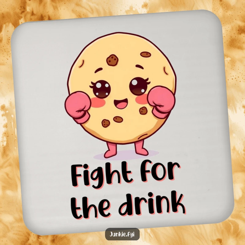 Funny cookie character with chip accents and tiny boxing gloves on a set of drink coasters.