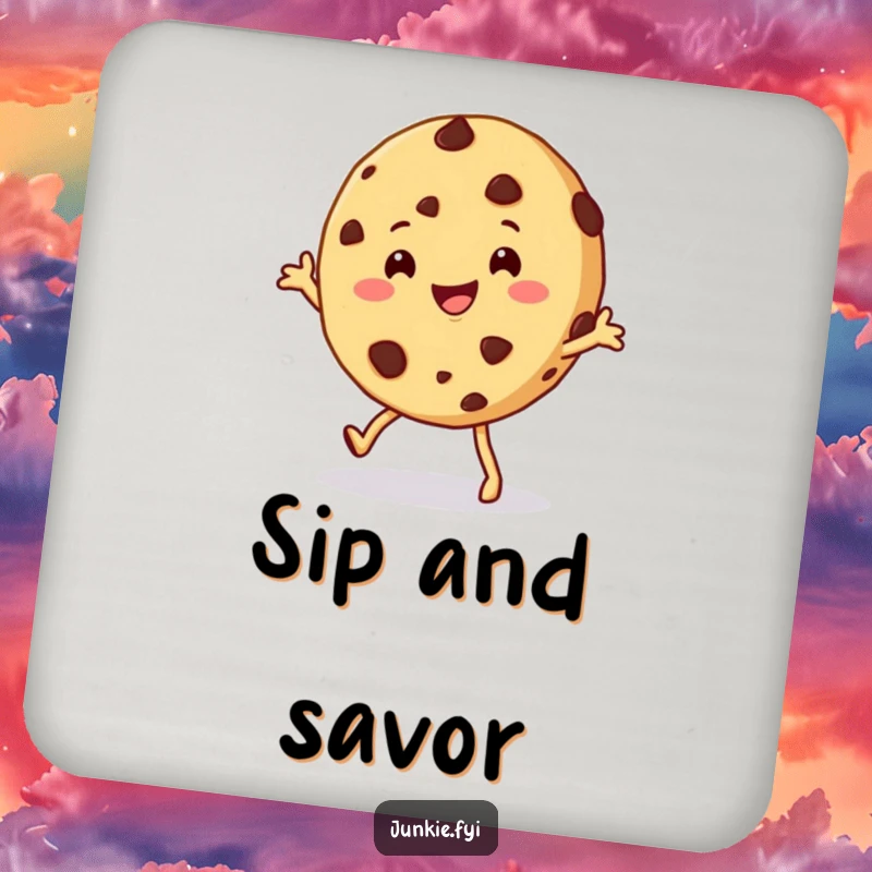 Funny cookie coaster showcasing a happy chocolate chip cookie character doing a playful shimmy, protecting tables with sweet, comical flair.