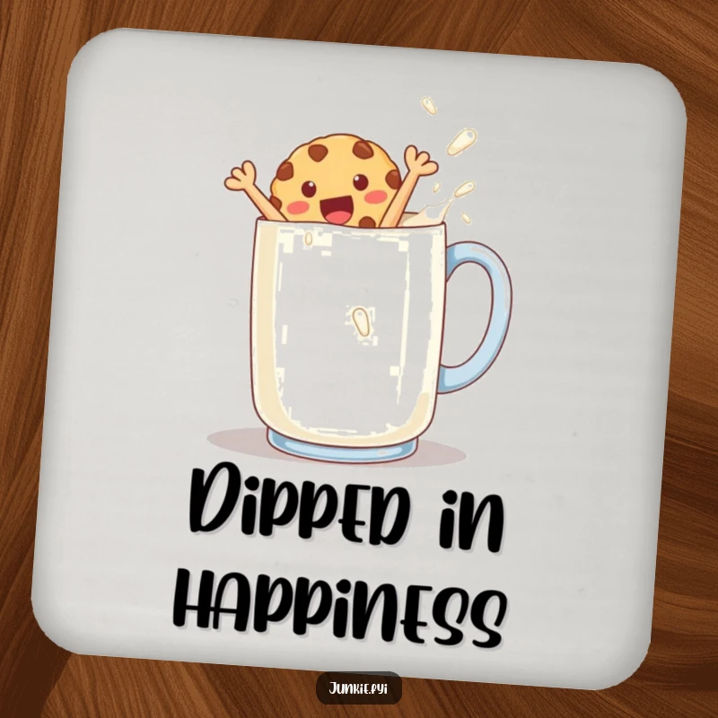 Funny cookie character jumping into milk on a drink coaster, adding a splash of sweet humor.