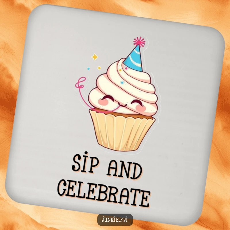 Funny drink coaster depicting a delighted cupcake character in a party hat blowing a streamer, protecting surfaces with festive humor.