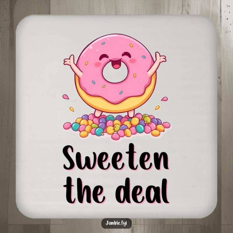 Funny donut character joyfully bouncing candies, depicted on a drink coaster for sweet surface protection.