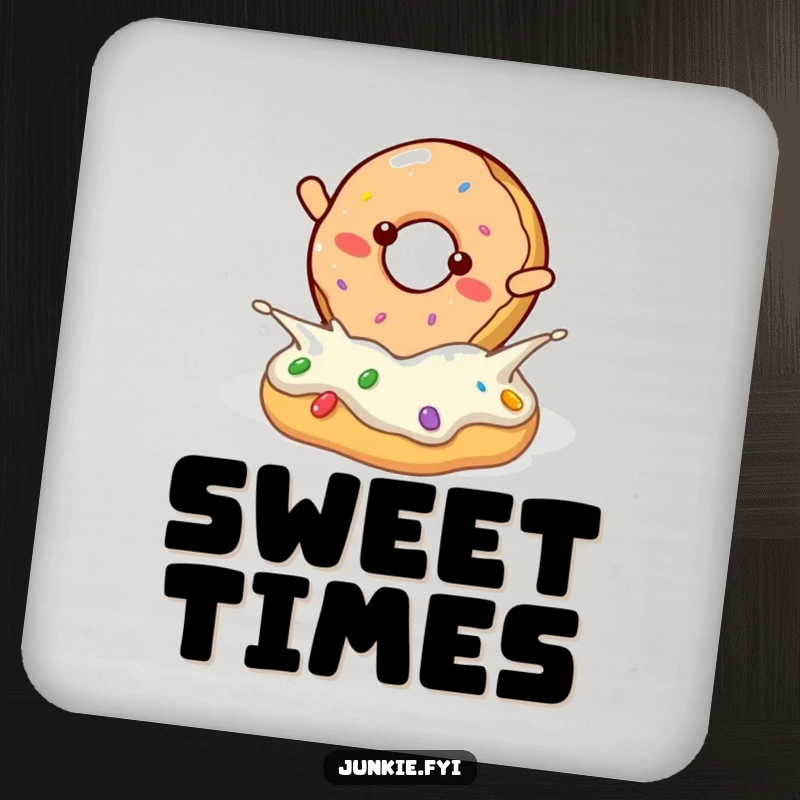 Funny donut character flipping into frosting, on a protective drink coaster.