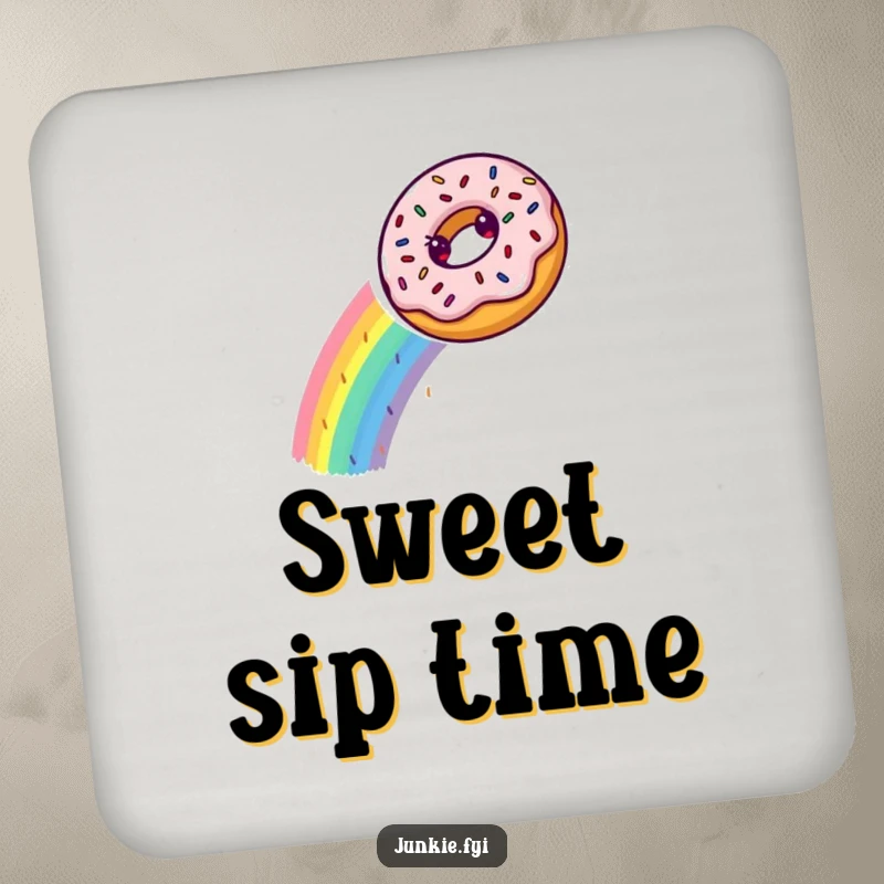 A donut slides down a sprinkle rainbow on these coasters, adding a fun, sweet, and humorous touch to drink protection.