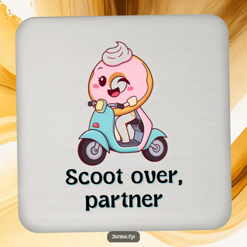 Funny Drink Coasters featuring a playful donut winking while on a tiny scooter, adding humor to your drink station.