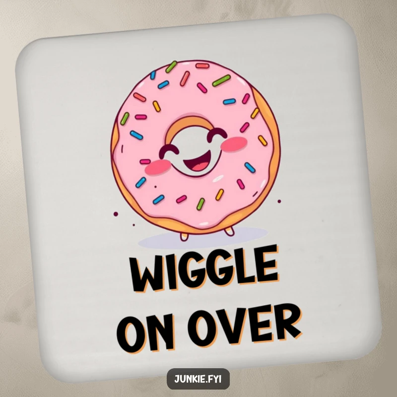 Funny donut coaster, sprinkles falling, character doing a happy wiggle, protecting surfaces with sugary charm.