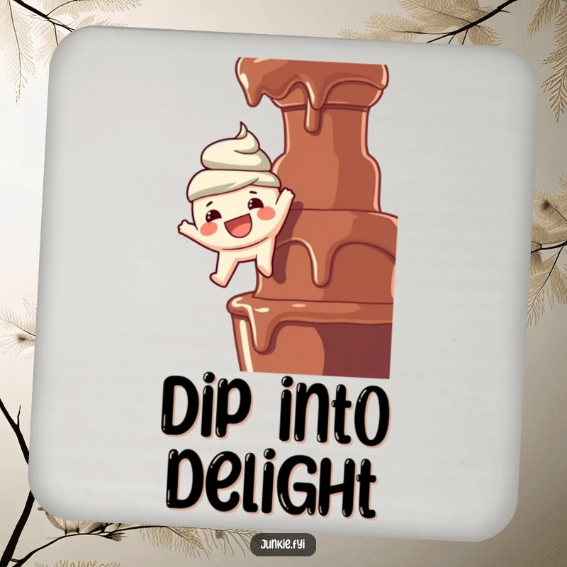 Funny drink coaster: A wide-smiling food character dangles over a chocolate fountain, preventing drink rings with sweet style.