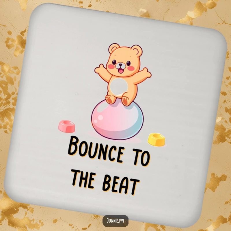 Funny gummy bear character bouncing gleefully on a giant jellybean on a set of drink coasters.