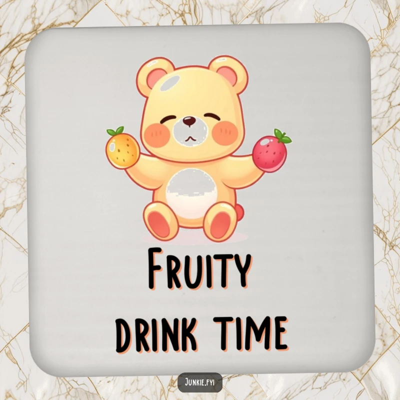 A gummy bear juggles fruits on these coasters, adding fun, sweet, and humorous protection to drink surfaces.