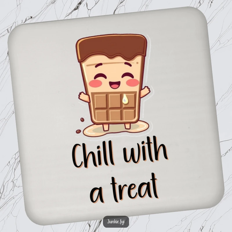 Funny drink coaster with a happy chocolate bar character melting slightly from excitement. Protects surfaces with humor.