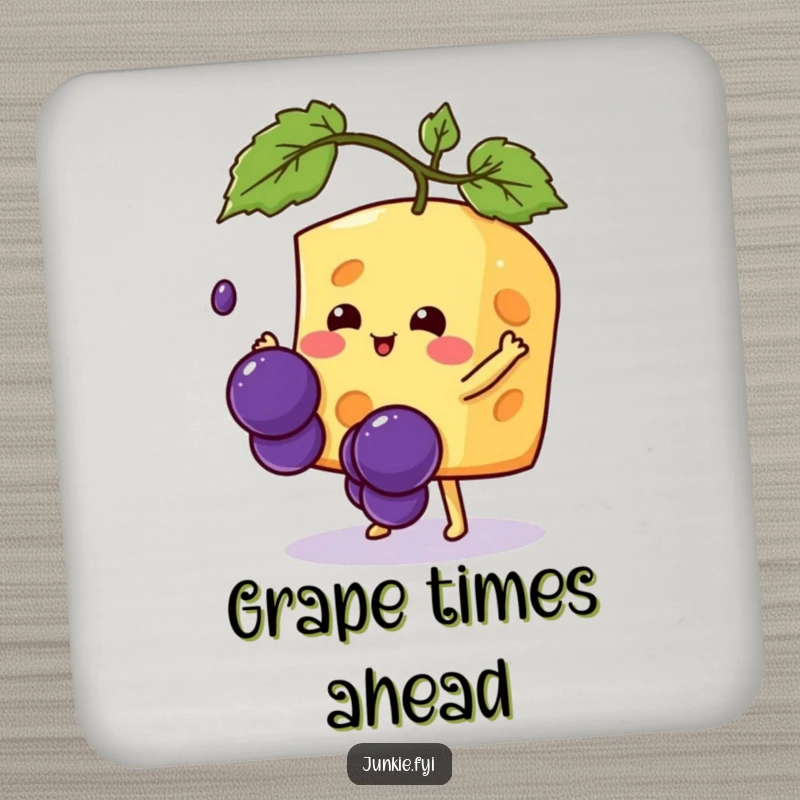 Funny Kawaii cheese character humorously trying to catch a falling grape, a protective and humorous drink coaster.