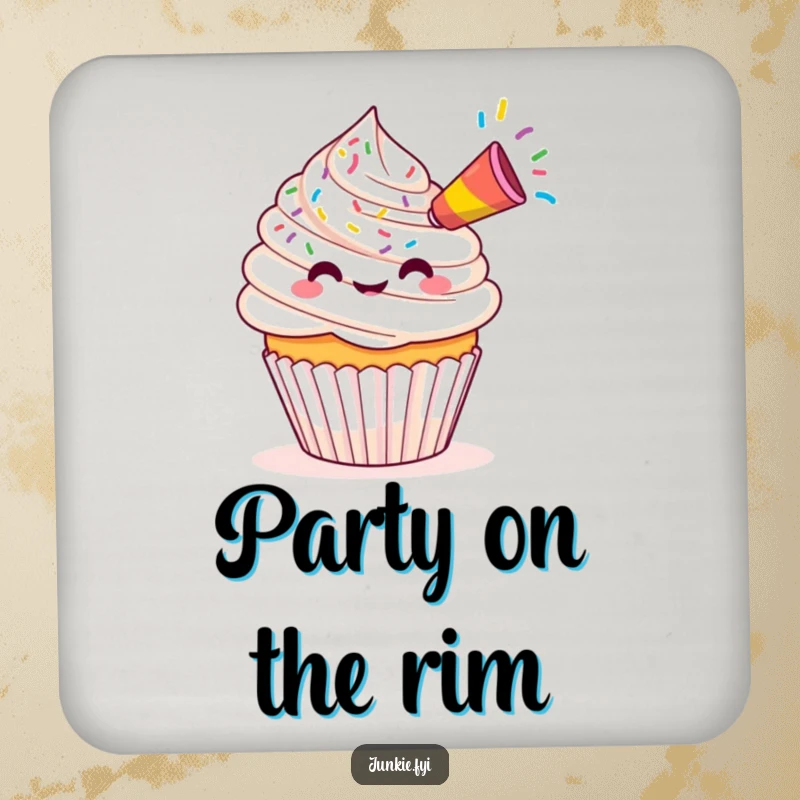 Funny Kawaii cupcake blowing colorful sprinkles from a party horn, set of protective drink coasters.