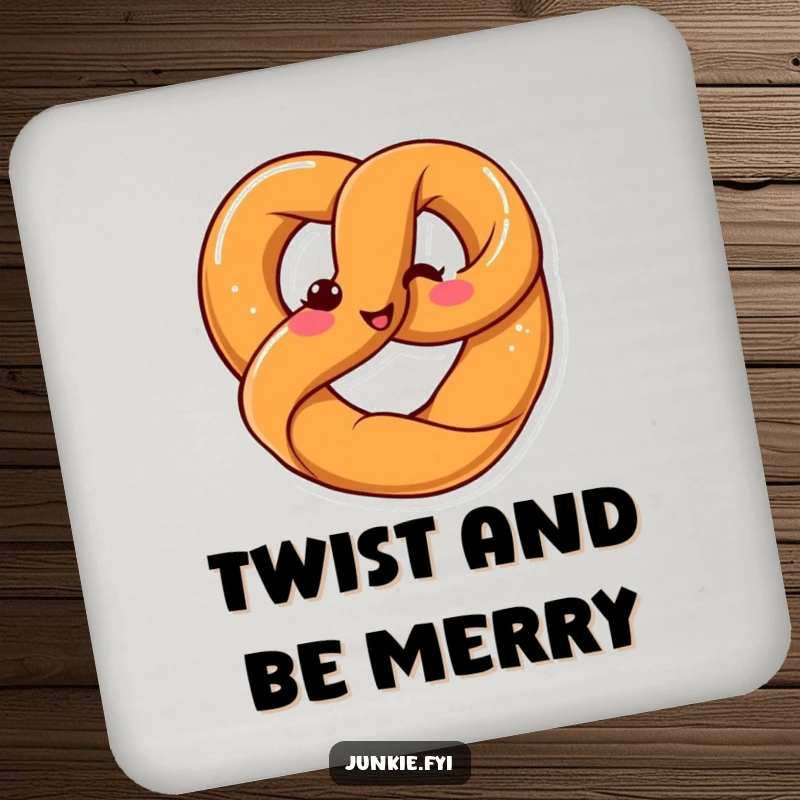 Funny Kawaii pretzel twisting into a shape with a smile, set of protective drink coasters.