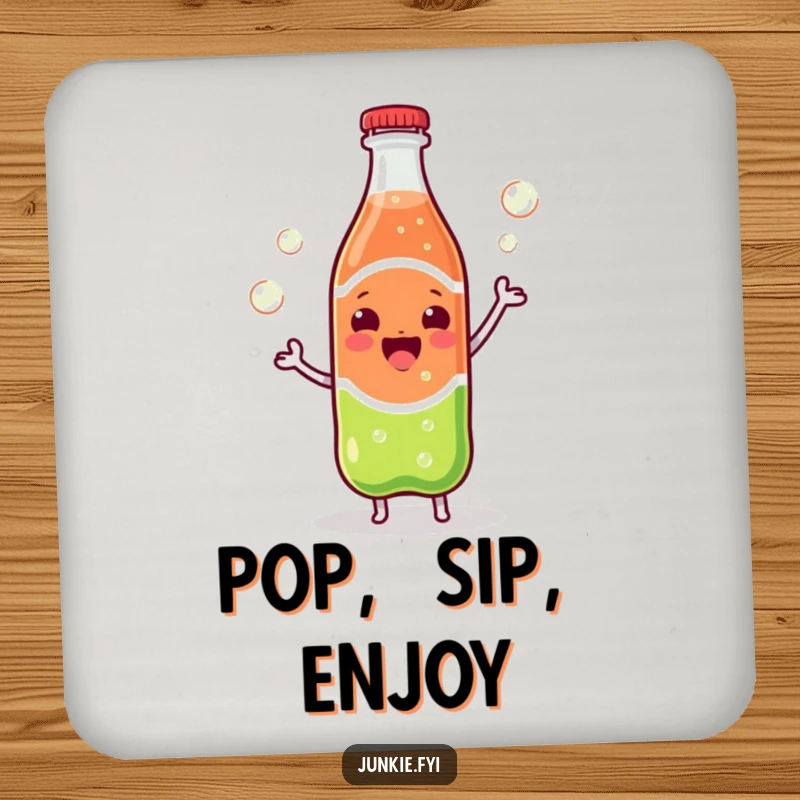 Funny Kawaii soda bottle dancing with vigorously escaping bubbles, set of protective drink coasters.