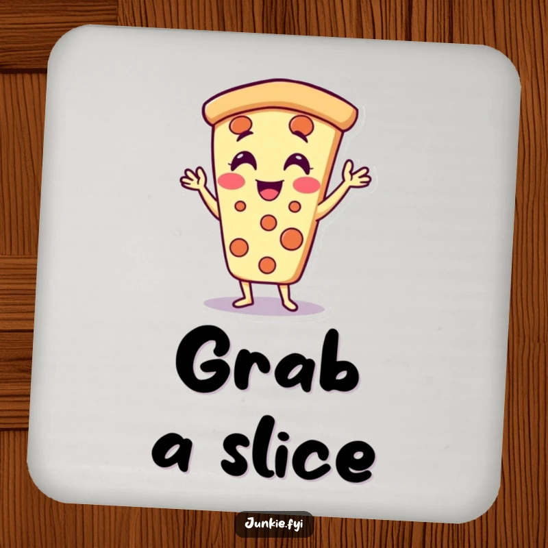 Funny pizza slice coaster, doing jazz hands with delight, a humorous and practical accessory.