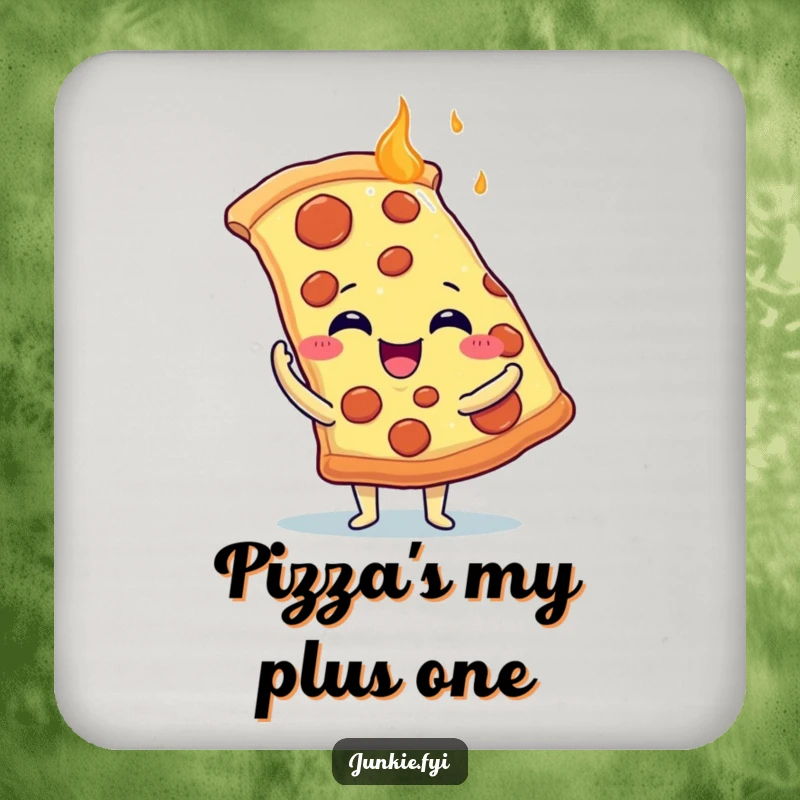 Funny Coaster: A food character with tiny arms embraces a giant pizza slice, adding humor and protection.