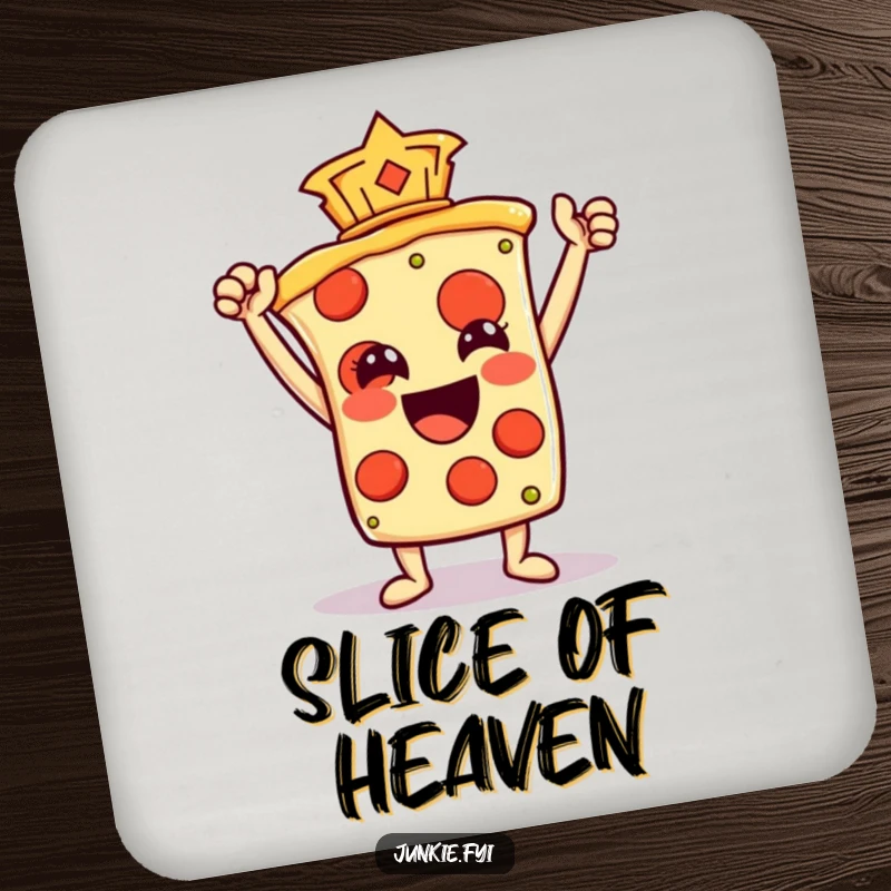 Funny Coaster illustrating a pizza slice character holding a pepperoni like a trophy, bringing cheesy humor to drink protection.