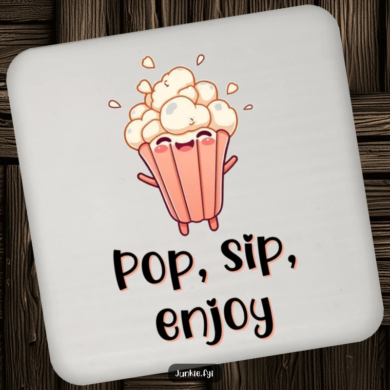 A popcorn kernel bursts upwards with joyful abandon on these coasters, adding fun, energetic humor to drink protection.