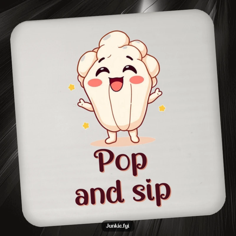 Funny popcorn kernel character bursting happily on a drink coaster, adding a pop of fun.
