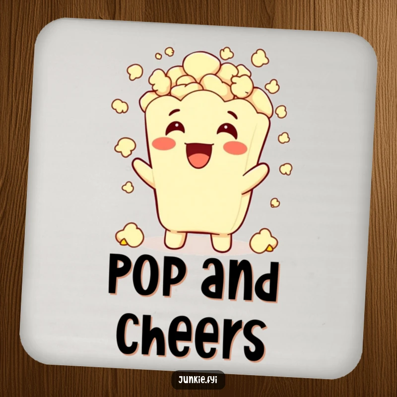Funny popcorn character showering itself with popcorn, depicted on a drink coaster for surface protection.
